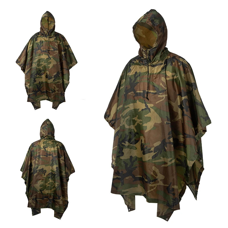 Waterproof Military Style Rain Poncho with Hood for Hiking and Camping