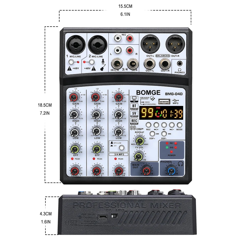 4 Channel Audio Mixer Console with USB 48V Phantom Power and 99 DSP Effects