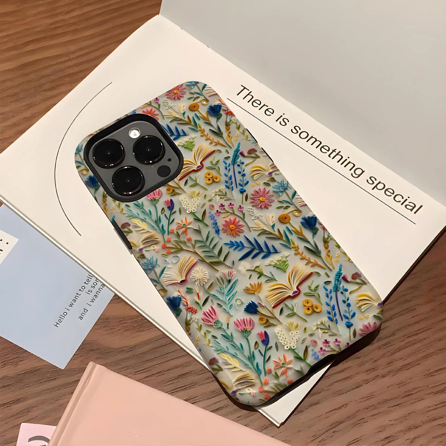 Romantic Wildflower Boho Embroidery Phone Case for iPhone 16 15 Pro Max Plus – 2 in 1 Hard Protection