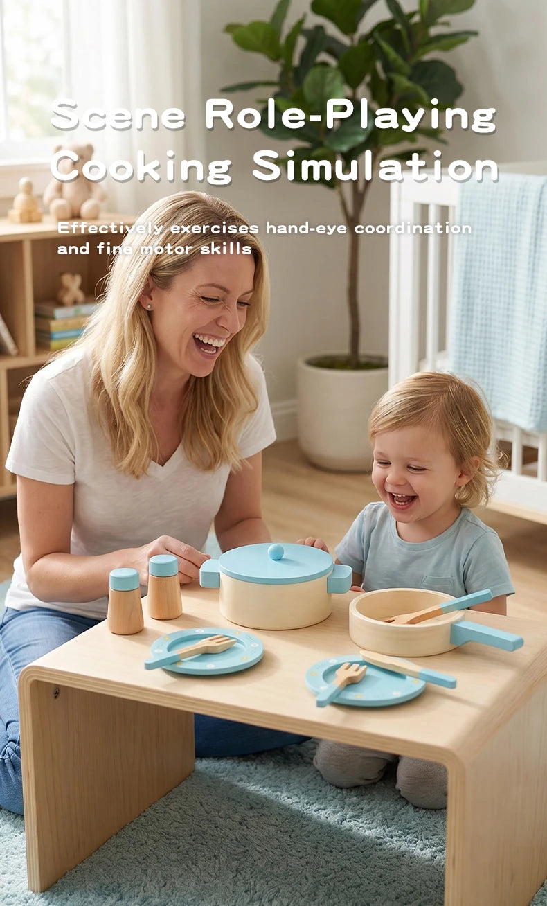 Wooden Pretend Play Kitchen Set with Pots Pans and Utensils