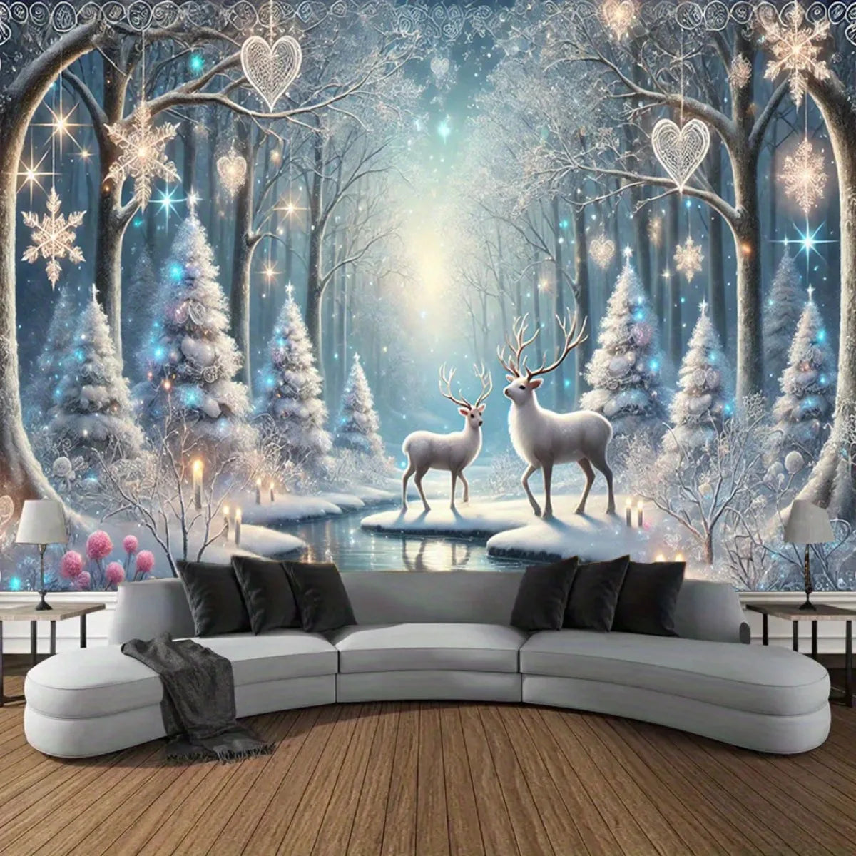 Nordic Snow Scene Reindeer Tapestry Living Room Feature Wall Decor Winter Holiday Room Accent