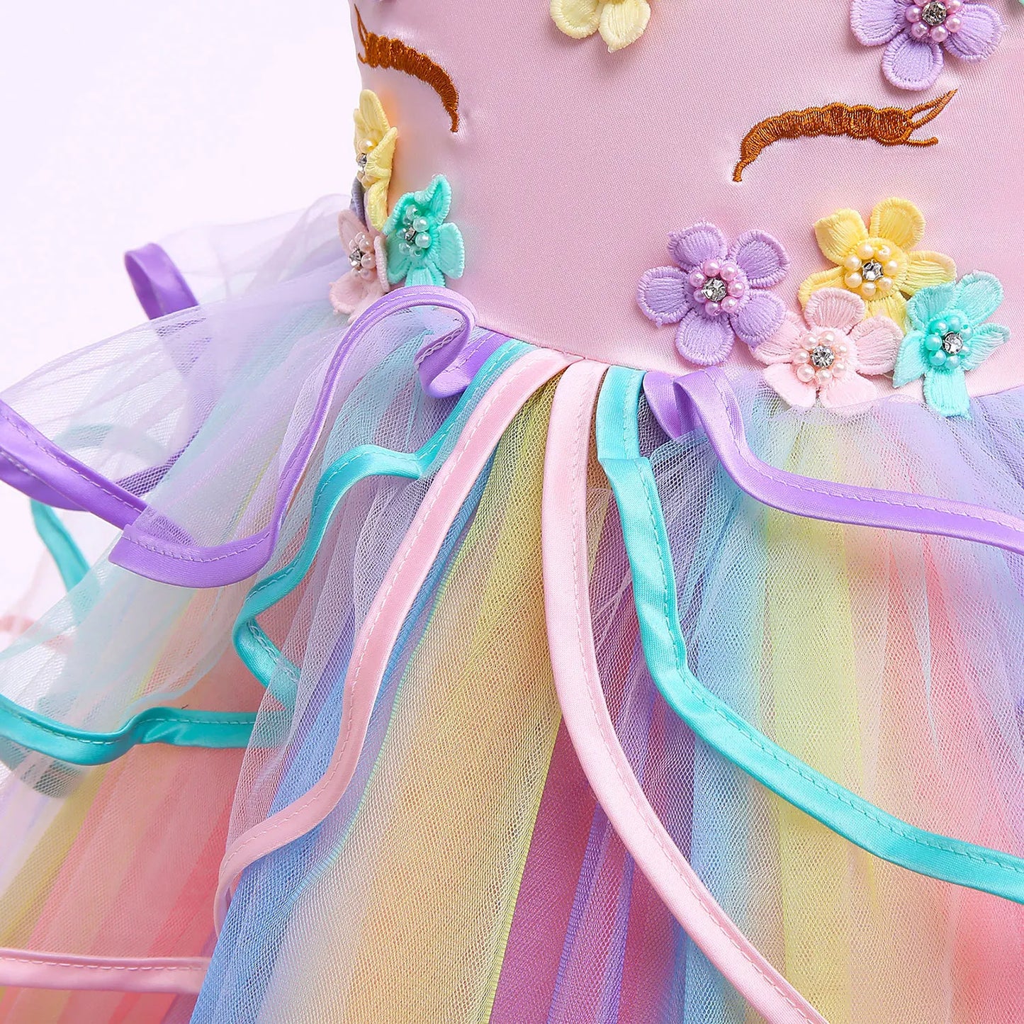 Rainbow Unicorn Princess Dress with Bow and Tulle Skirt Birthday Party Costume