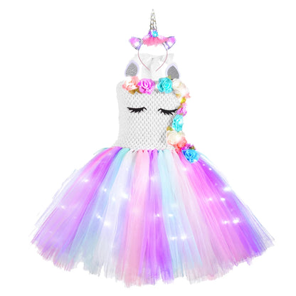 Girl Unicorn Dresses for Girls Tutu Princess Party Dresses with LED Lights Flower Birthday Party Cosplay Costume Girls Clothing