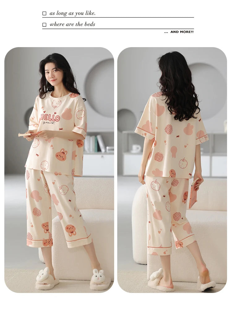 2-Pcs Women’s Cotton Pajama Set – Breathable Short Sleeve Summer Sleepwear with Cute Prints