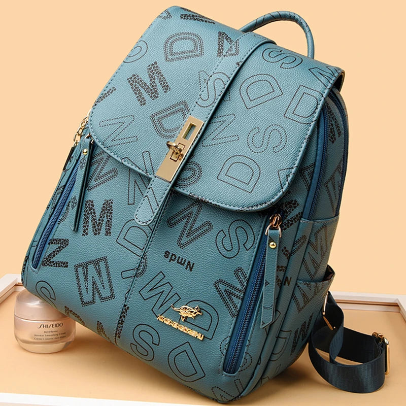 Women's Designer Letter Printing Leather Backpacks Large Capacity Travel Shoulder Bags Totes School Bag