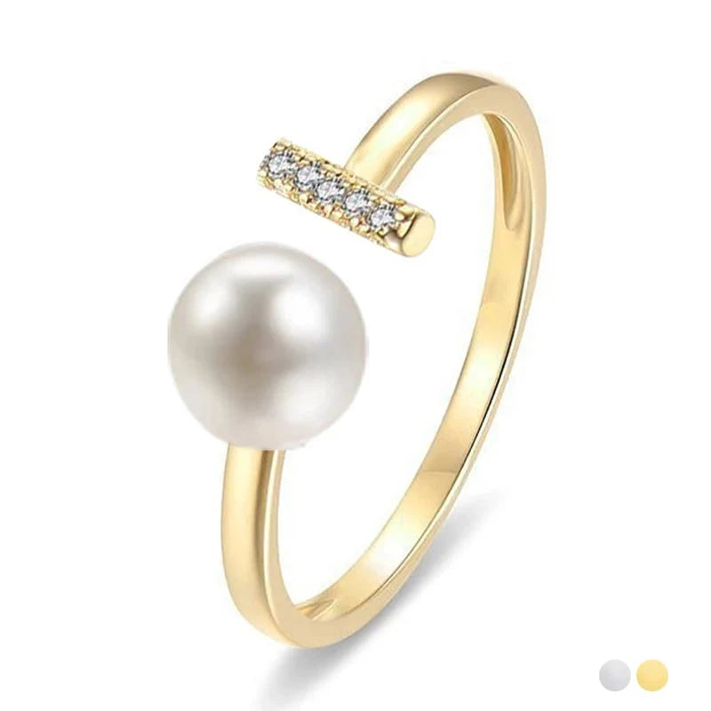 100% S925 Sterling Silver Letter T Zirconia Pearl Adjustable Open Ring For Women