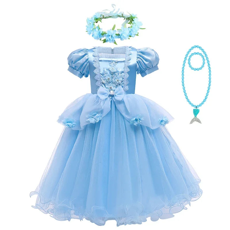 Summer Girls Flower Cosplay Costume Ball Gown Princess Kids Blue Clothes Dress Lace Mesh Birthday Party Clothes for Children