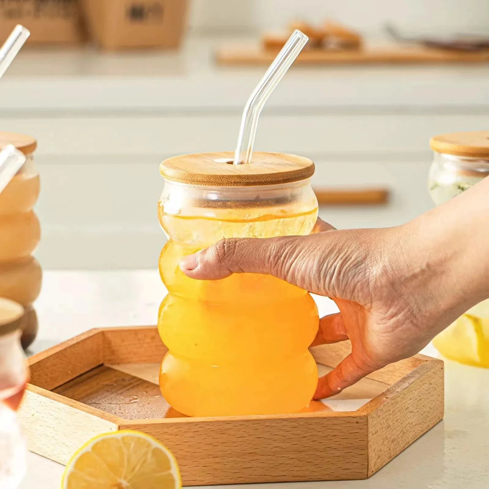 1/2pcs Beverage Glasses With Straws Glass Cups clear Ripple Drinking Glasses for Juice Beer Wine Champagne Cocktail 350/500ml