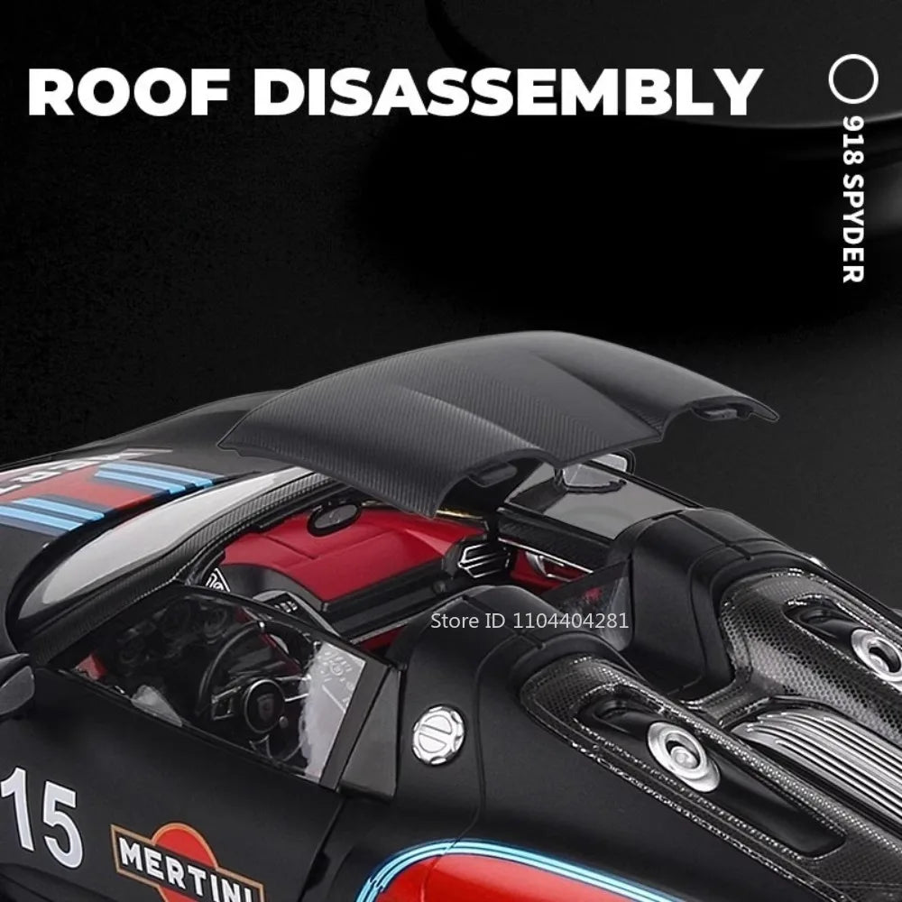 1:18 918 Spyder Martini Pagani Huayra Diecast Alloy Model Toys Car Doors Opened with Sound Light Miniature Vehice Adult Boy Gift