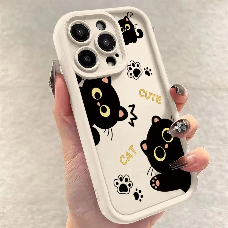 Lovely Black Cat Silicone Case For iPhone 17 16 15 14 Pro Max 16E 16 Plus 17Air Shockproof Back Covers