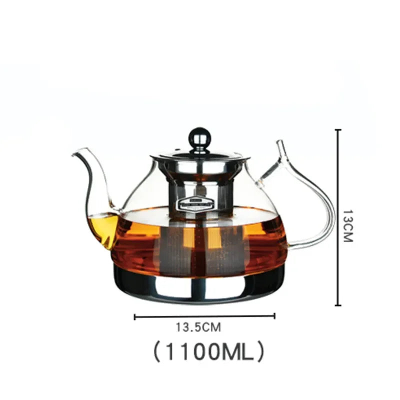 Heat Resistant Glass Teapot with Stainless Steel Filter Large Capacity Induction Kettle 1.2L