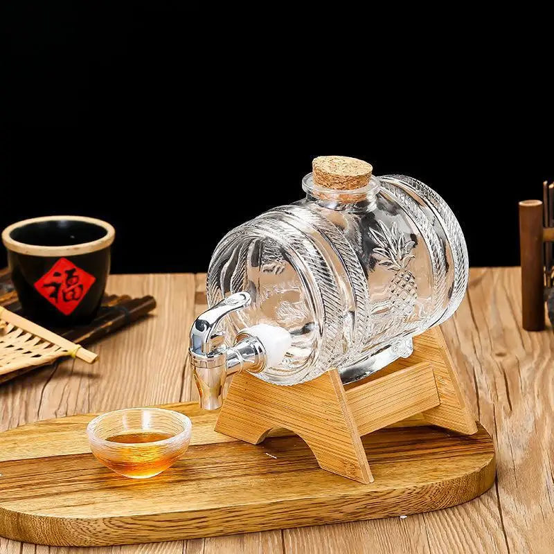 1L Glass Whiskey Barrel Wine Barrel Beer Bottle Fruit Aging Alcohol Honey Storage Container With Base Faucet Bar Tool