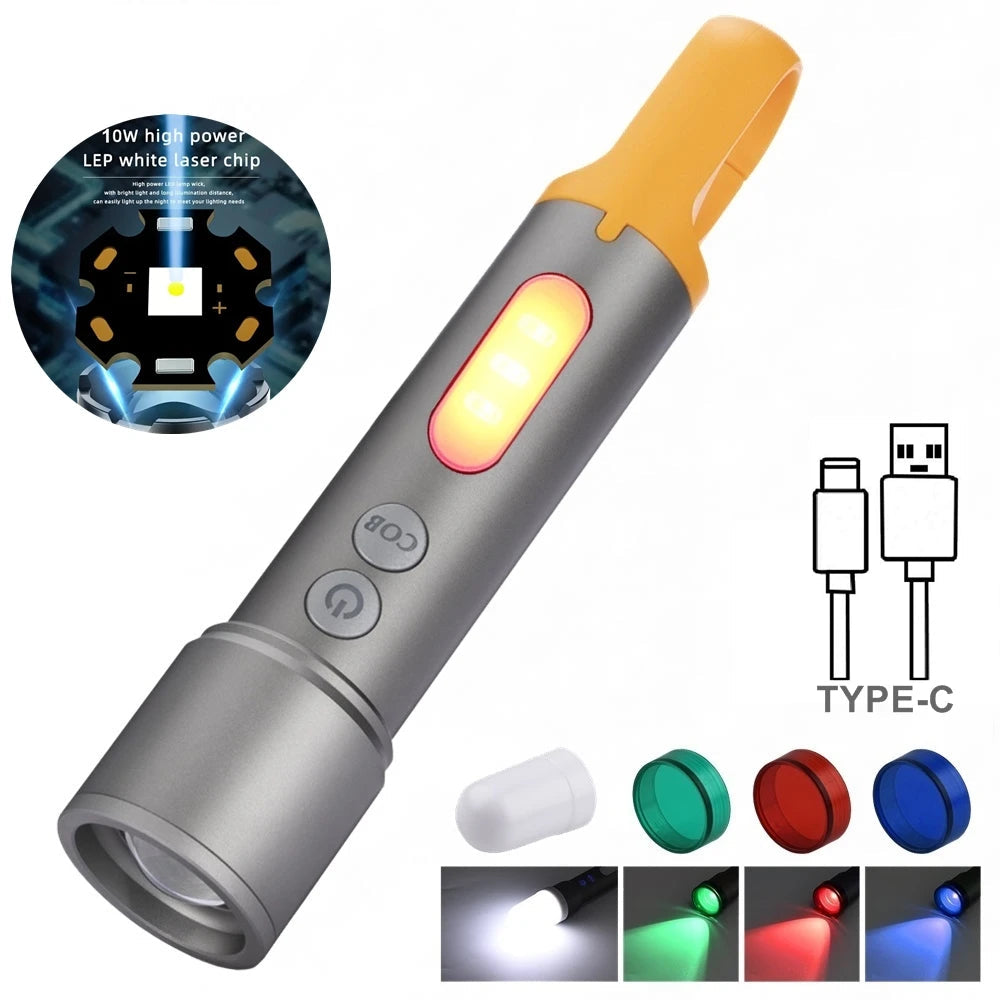 12W Zoom Rechargeable LED Flashlight With Red Green Blue And White Light