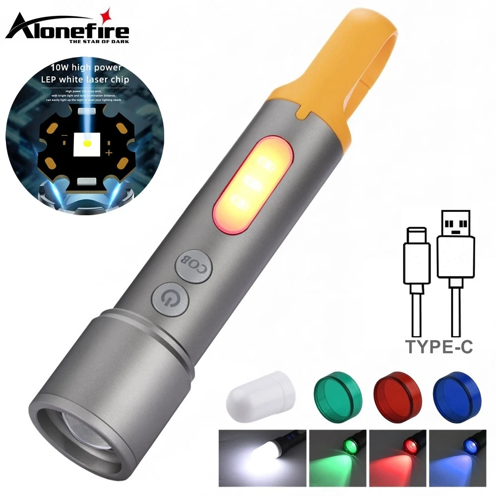 12W Zoom Rechargeable LED Flashlight With Red Green Blue And White Light