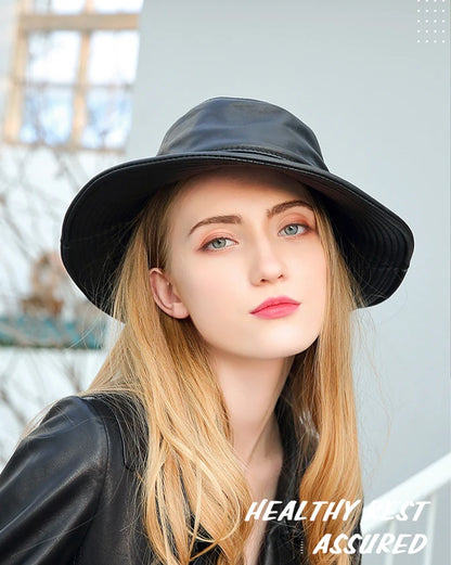 Spring Winter Japanese Women Genuine Leather Bucket Hats Black Fisherman Caps Easy Carry Street Bonnet