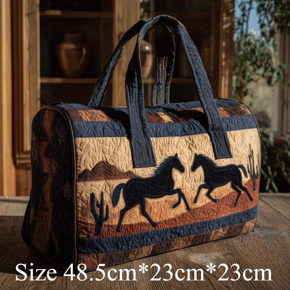 Western Style 3D Quilted Tote Bag Running Horse Cactus Boho Print Travel Purse Handmade Shoulder Bag Large Capacity Carry-On Bag