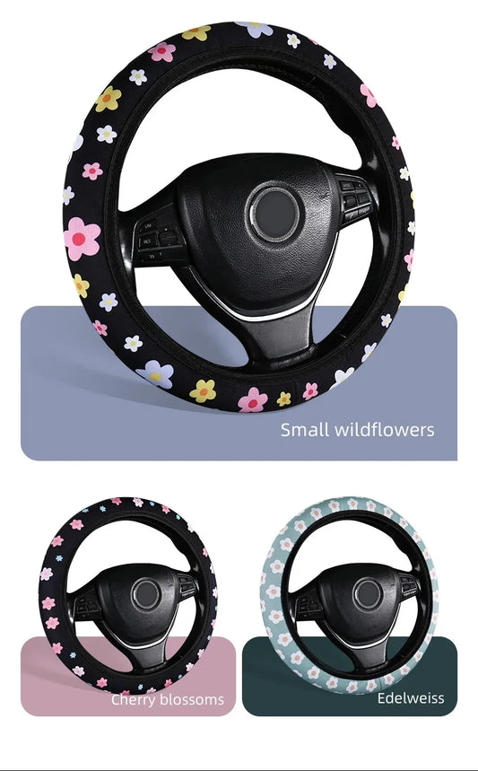 Floral Flannelette Car Steering Wheel Cover Anti Slip 38CM