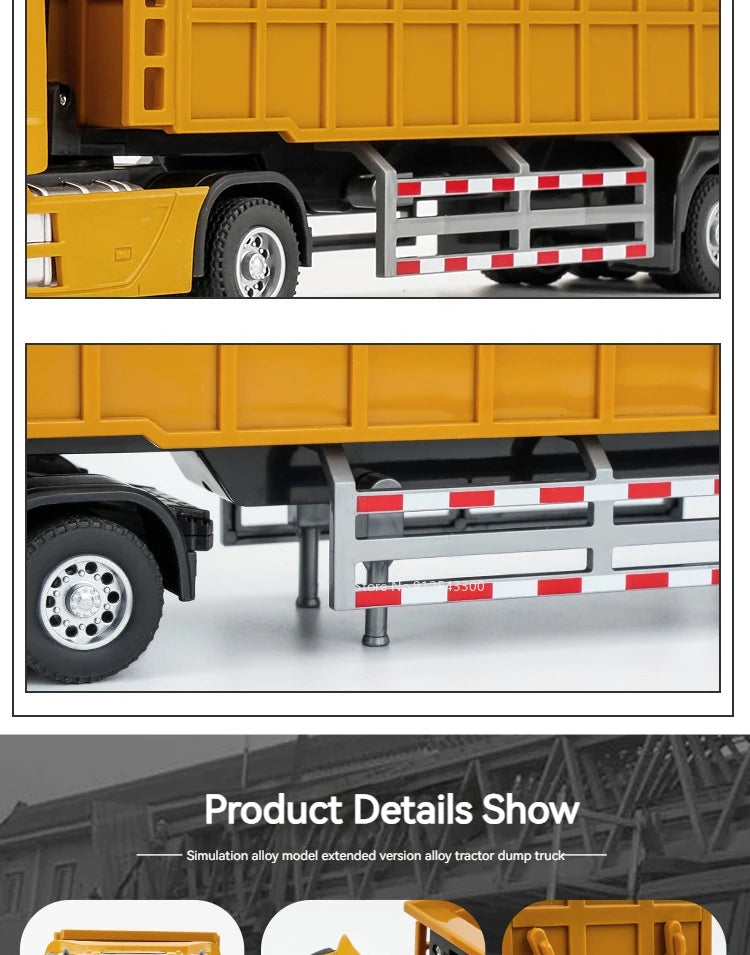 1/50 Extended Dump Truck Model Toy Metal Diecasting Doors Opened Sound Light Pull Back Vehicle Models Ornaments 's Gifts