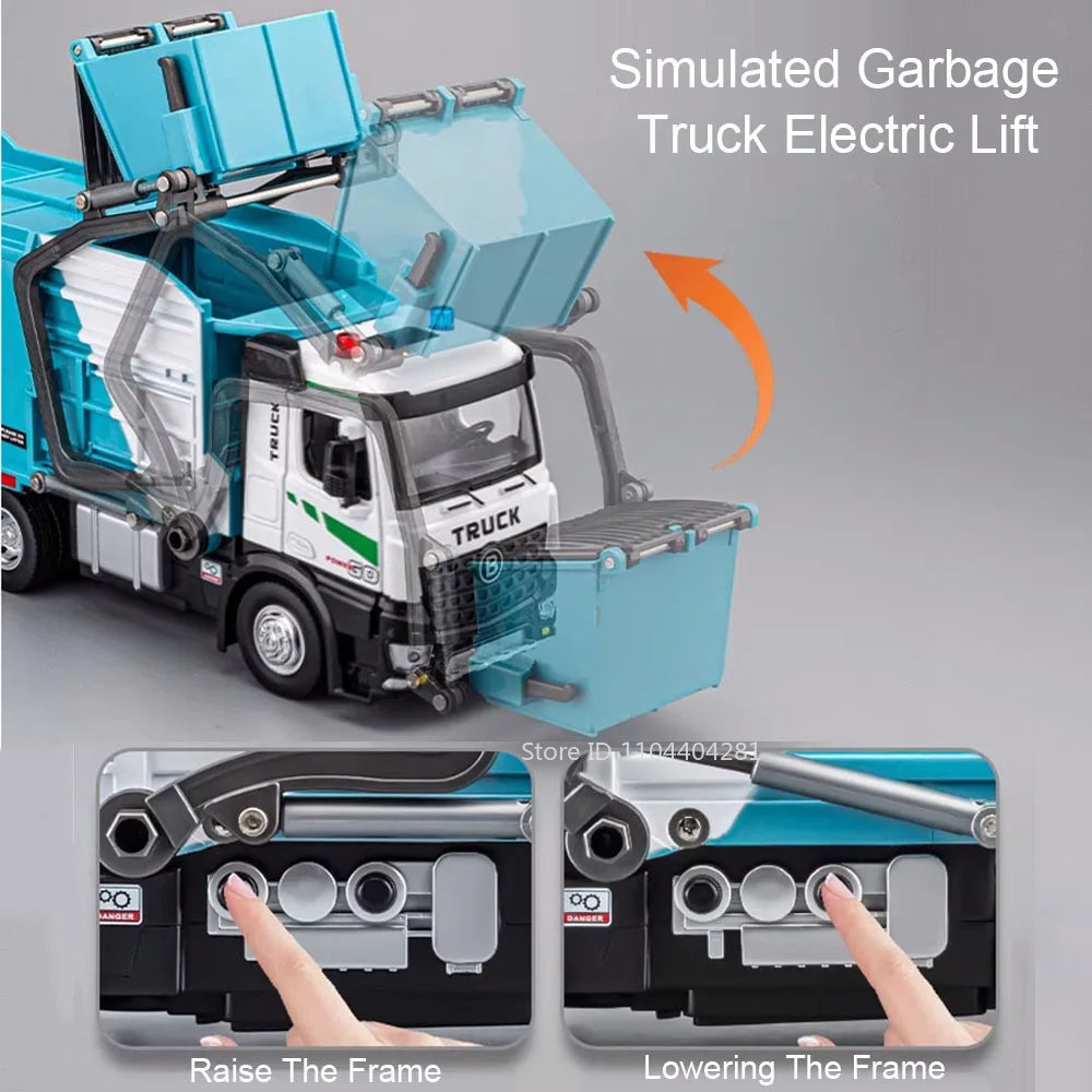 1:18 Electric Sanitation Garbage Truck Toy Cars Model Alloy Water Tanker Diecast Light Sound Vehicle 's Educational Toys