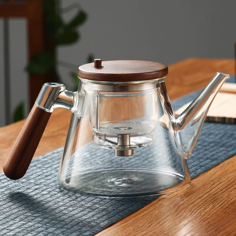 Easy One Click Tea Separation Filtration Glass Teapots With Wood Handle 850ml Tea Water Separation Tea Pot With Infuser Filter