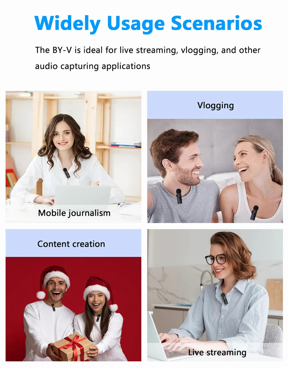 BY-V Wireless Lavalier Microphone for iPhone 15/16 Series Samsung TECNO REDMI Type-c Devices Video Recording Streaming Vlog