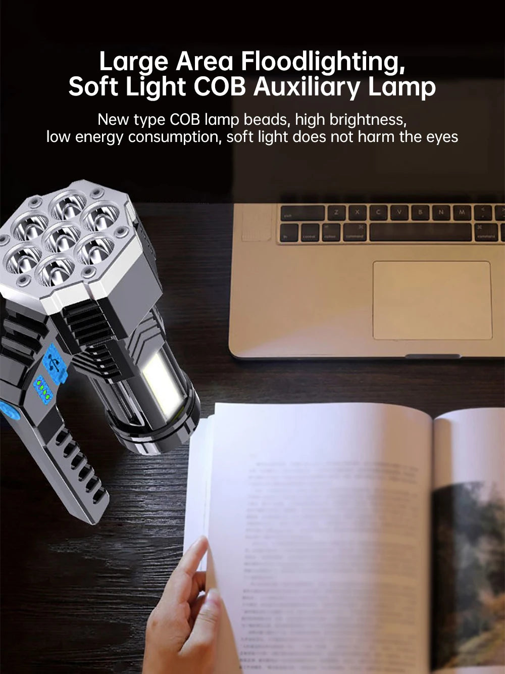 High Power 7 LED Flashlight Rechargeable USB Torch with COB Side Light Portable Outdoor Work Lamp