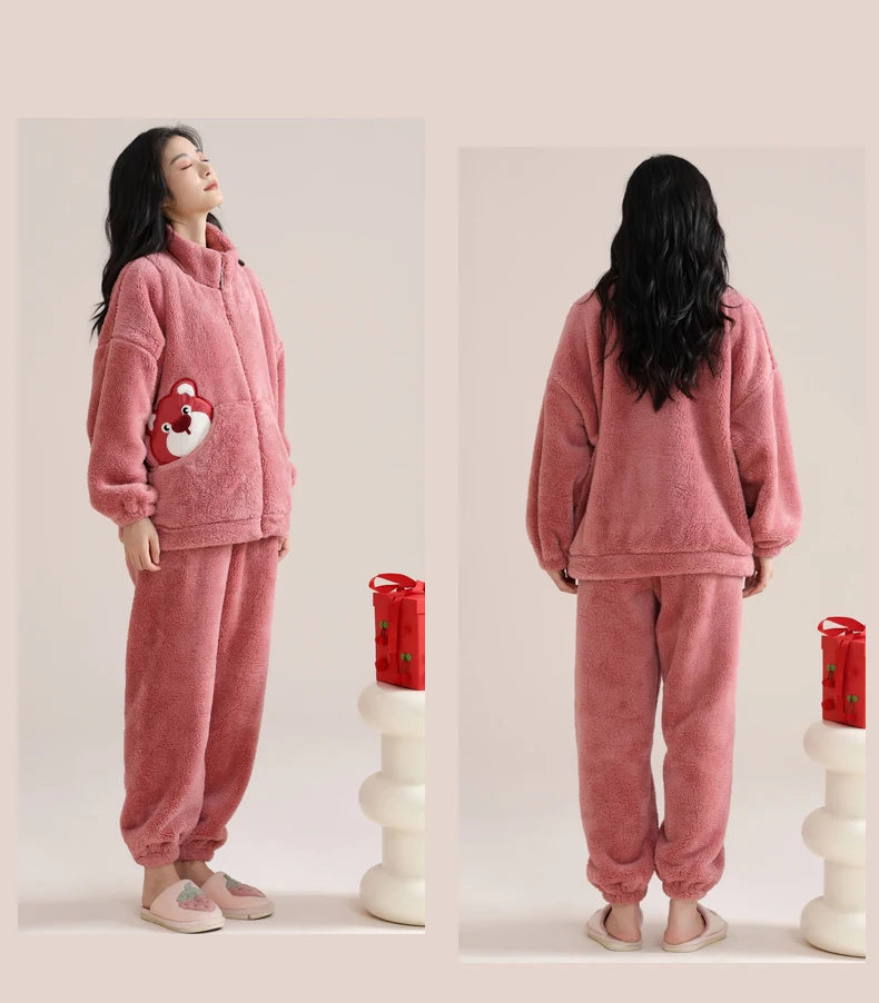 Women’s Christmas Fleece Pajama Set – Warm Flannel Zipper Sleepwear, Thick Coral Velvet