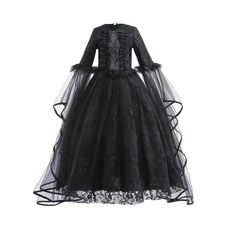 Halloween Witch Dress For Girls Black Evil Queen Cosplay Costume Luxury Lace Ruffles Floor Length Outfits Kids Carnival Frocks