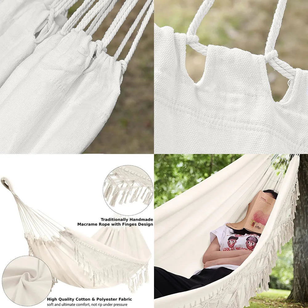 Macrame  Double Hammock Bohemian Woven Fringe Tassels Canvas Large Hanging Swing Bed Chair for Beach Yard Bedroom Patio Porch