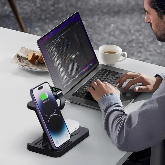 4 in 1 Foldable Wireless Charging Station For iPhone 16 15 14 13 12 Apple Watch 7/6 For Samsung Galaxy Watch Chargers 4/3