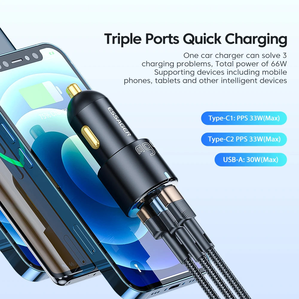 66W USB-C + USB-A Fast Car Charger (PD + QC 3.0)
