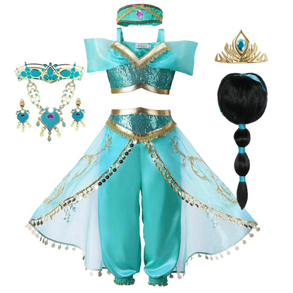 Girls Jasmine Dress Aladdin Princess Magic Lamp Carnival Birthday Clothing Vestidos Halloween Party Cosplay Costume