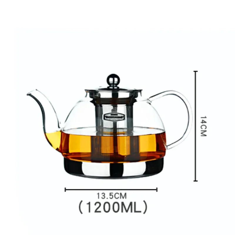 Heat Resistant Glass Teapot with Stainless Steel Filter Large Capacity Induction Kettle 1.2L