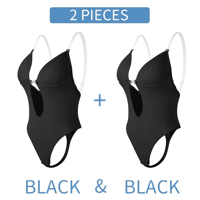 Deep V-Neck Backless Bodysuit Shapewear – Push Up Thong Body Shaper
