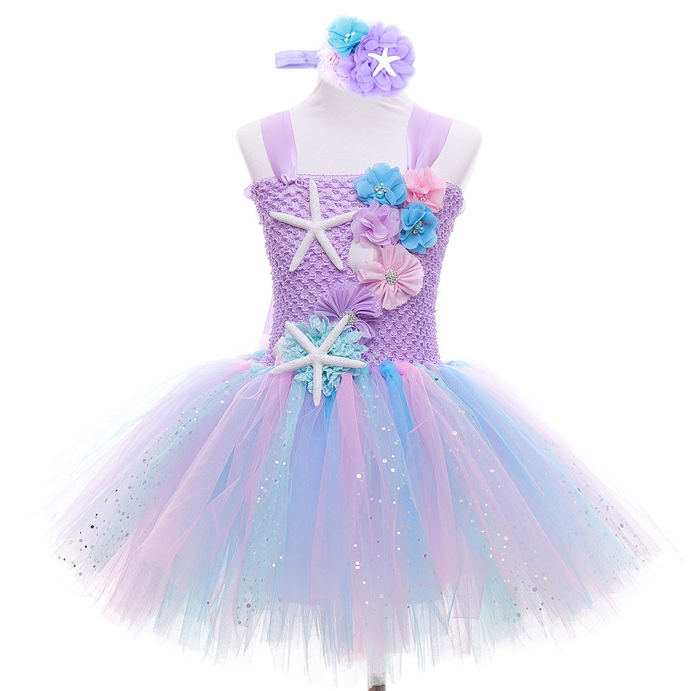 Pastel Mermaid Princess Tutu Dress with Flower Headband Party Costume