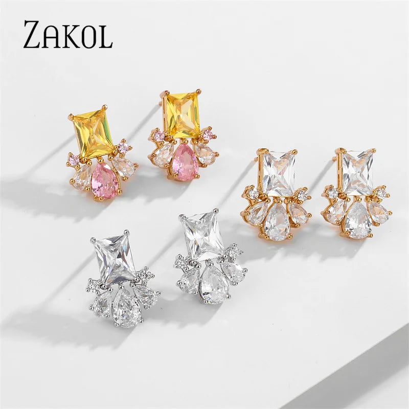 Yelllow Pink Zircon Flower Stud Earrings