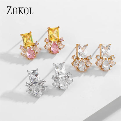 Yelllow Pink Zircon Flower Stud Earrings