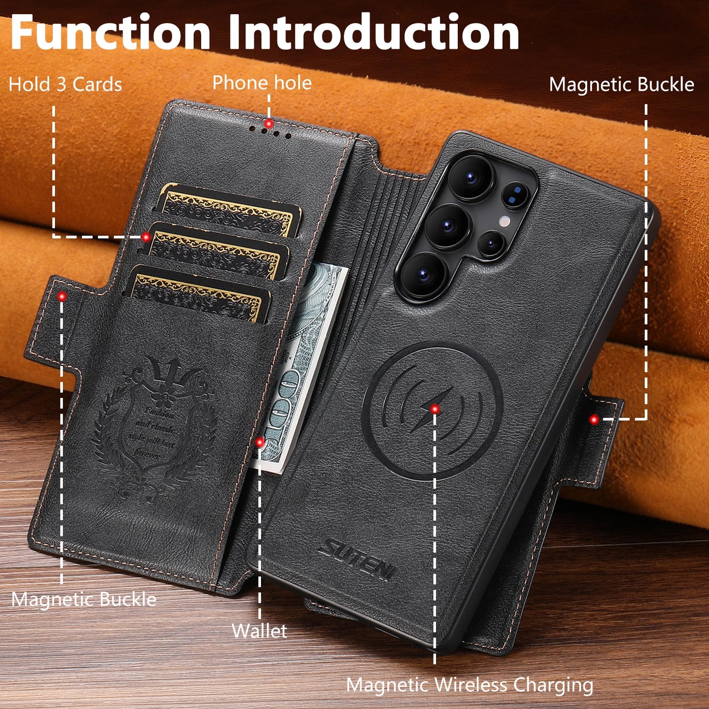 Magnetic Flip Wallet Case with Card Holder & Stand for Samsung Galaxy S26 Ultra / S25 / S24 / S23 – Faux Leather Wireless Charging Cover