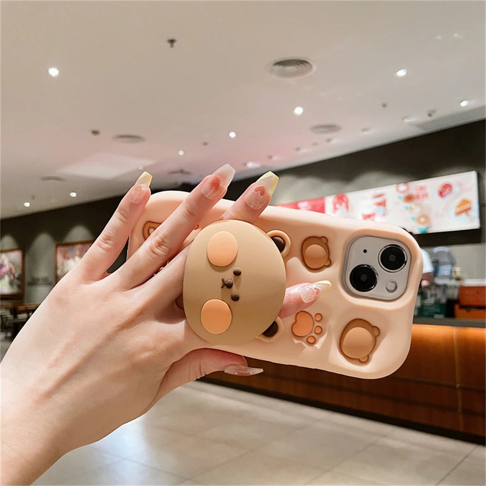 Cute 3D Cartoon Bear Paw Holder Grip Phone Case For iPhone 15 14 13 Pro Max Lovely Silicone Soft Cover Camera Protection
