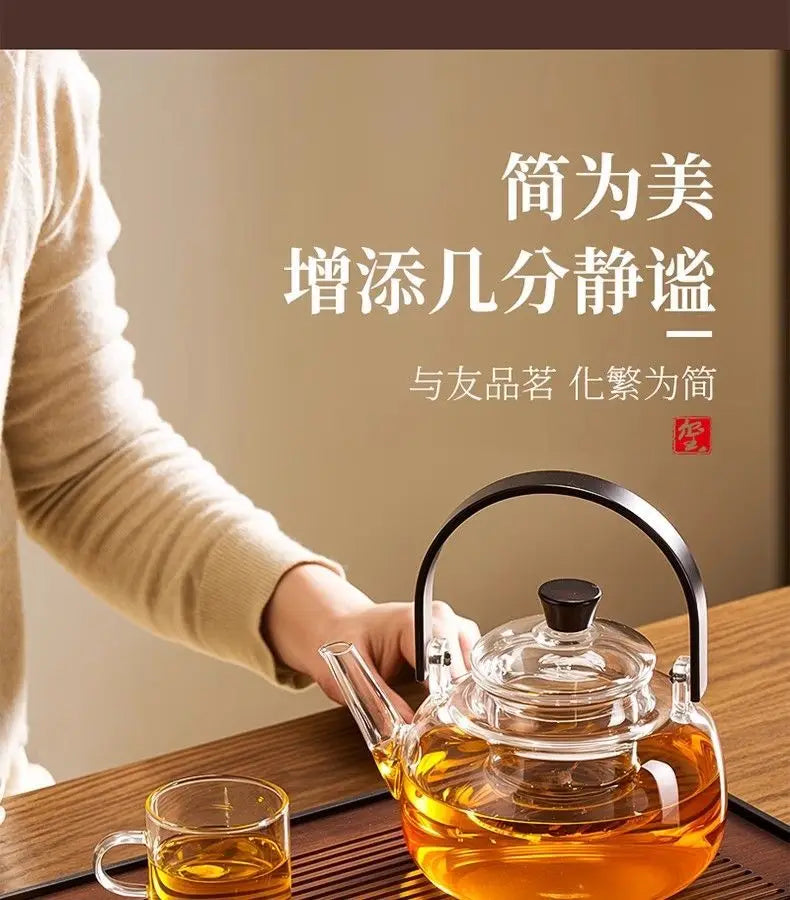 Heat Resistant Glass Tea Kettle with Filter Bamboo Handle Flower Tea Pot 1L