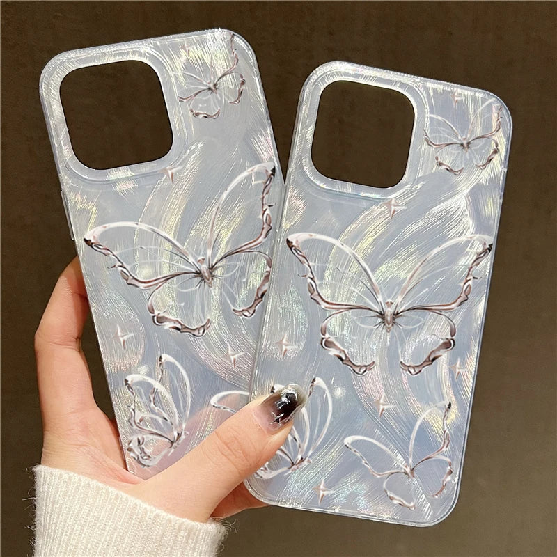 For iPhone 14 15 16 17 Pro Max Case Luxury Laser Silver Butterfly Phone Case for iPhone