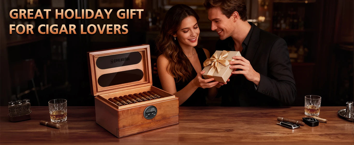 Cigar Humidor with Digital Hygrometer, Humidifier and Accessory Drawers, Glass Top Spanish Cedar Humidor, Holds 20-35 Cigars