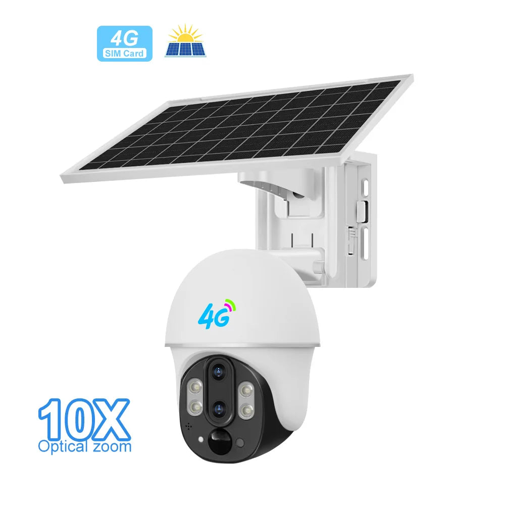 Outdoor Solar 4G Camera 10X Optical Zoom Night Vision Battery CCTV Monitor PIR Human Detection Waterproof Security Video Camera
