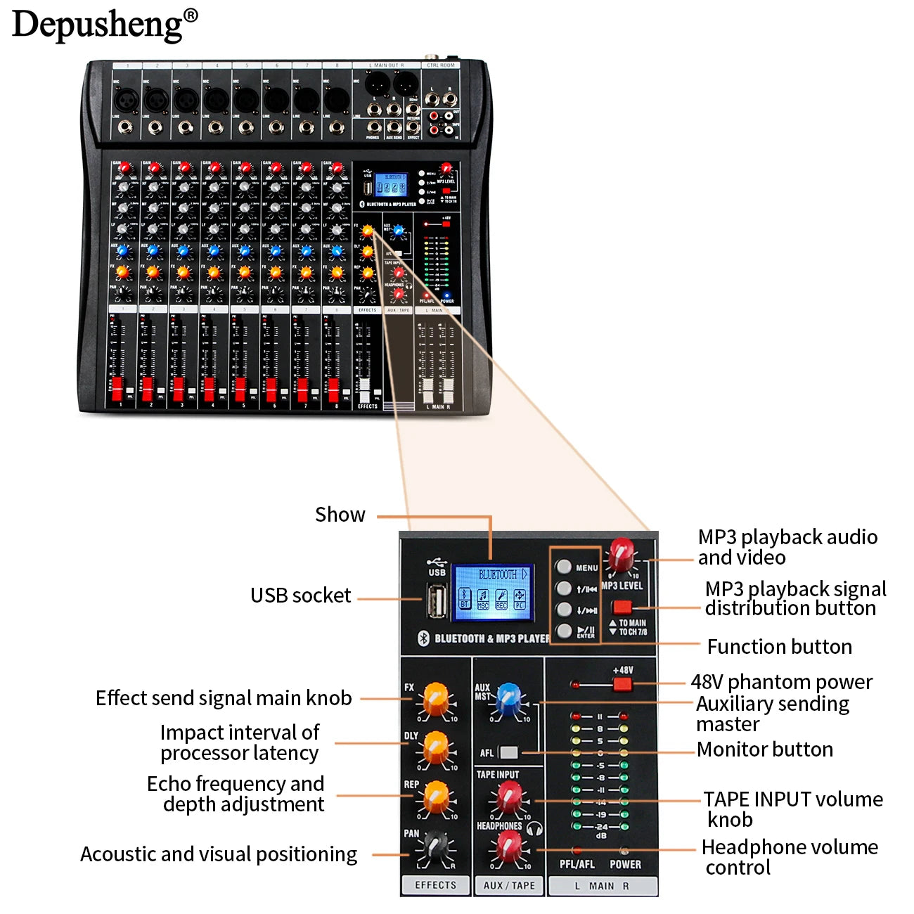 8 Channel Audio Mixer With Bluetooth USB PC Recording And 48V Phantom Power