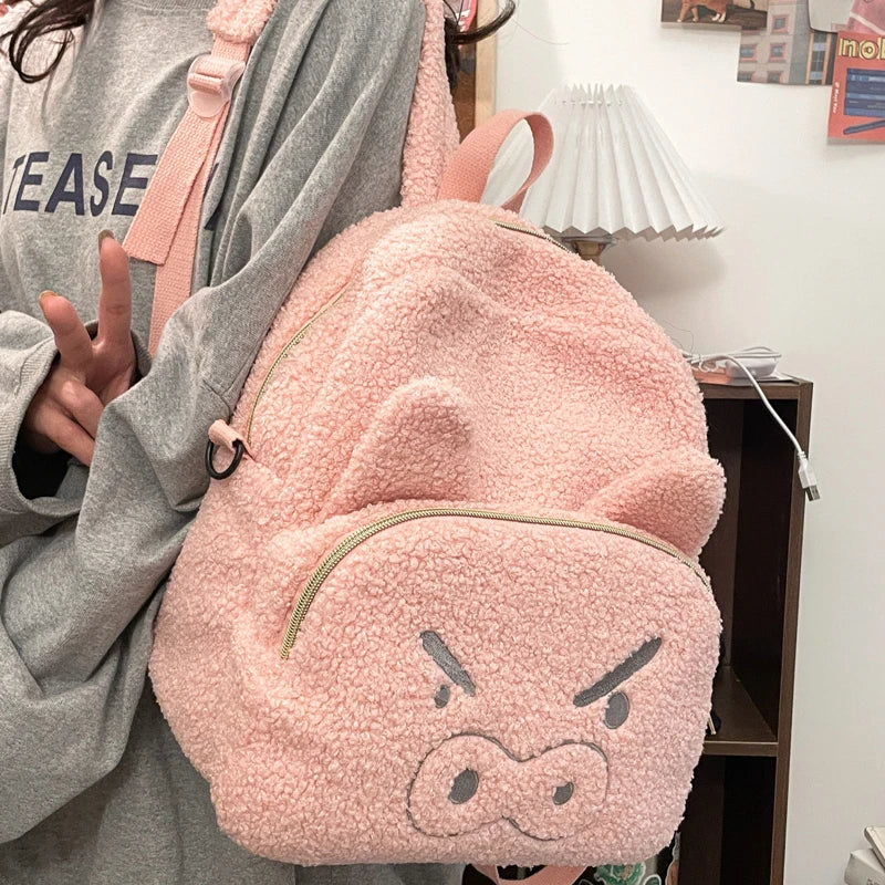 Cute Plush Pig Velvet Backpack Large Capacity Shoulder Bag