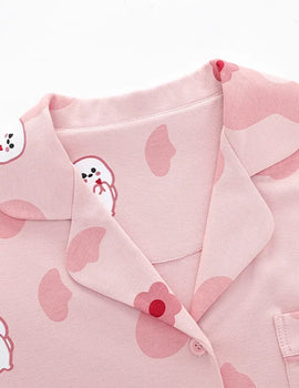 Women’s Winter 100% Cotton Pajama Set – Loose Fit, Turn-Down Collar, Long Sleeves, Cute Pink