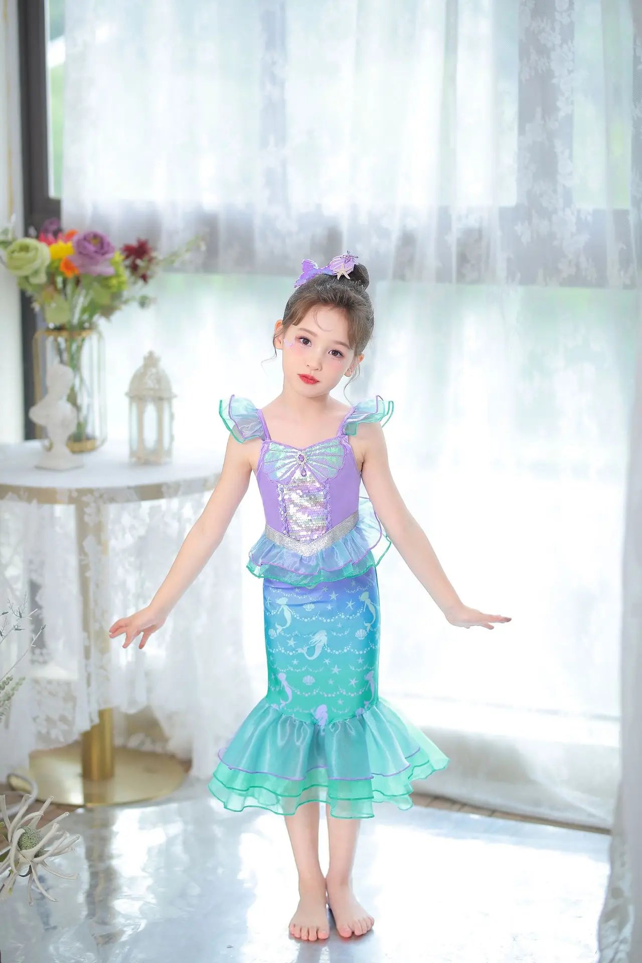 Mermaid Princess Dress for Girls - Summer flutter sleeves Sequin Tulle Dress Sparkling Ocean Themed Party Gown