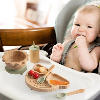 Baby Feeding Tableware Set With Silicone Suction Cups Kid Dinnerware Bowl Plate Fork Spoon Cup Baby Bamboo Feeding Supplies Gift