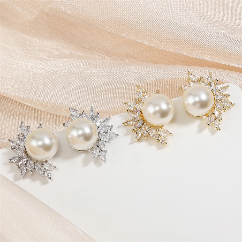 Imitation Pearl Leaf Stud Earrings for Women Fashion White Marquise Zircon Earring