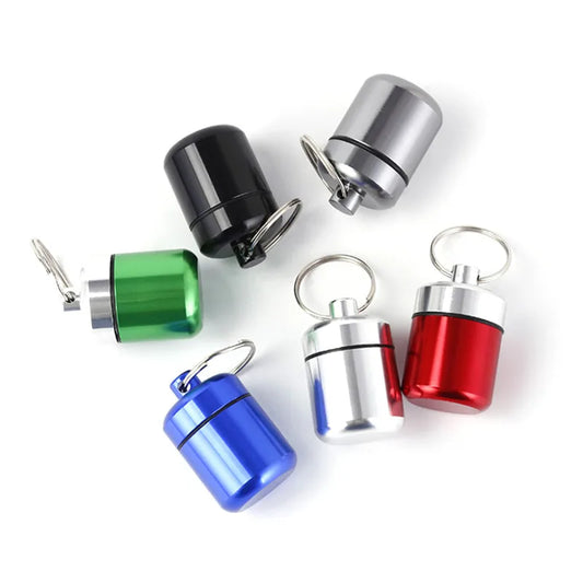 Aluminum Waterproof Pill Box with Sealed Storage, Flat Head, and Keychain for Vitamins Medicine and Fish Oils